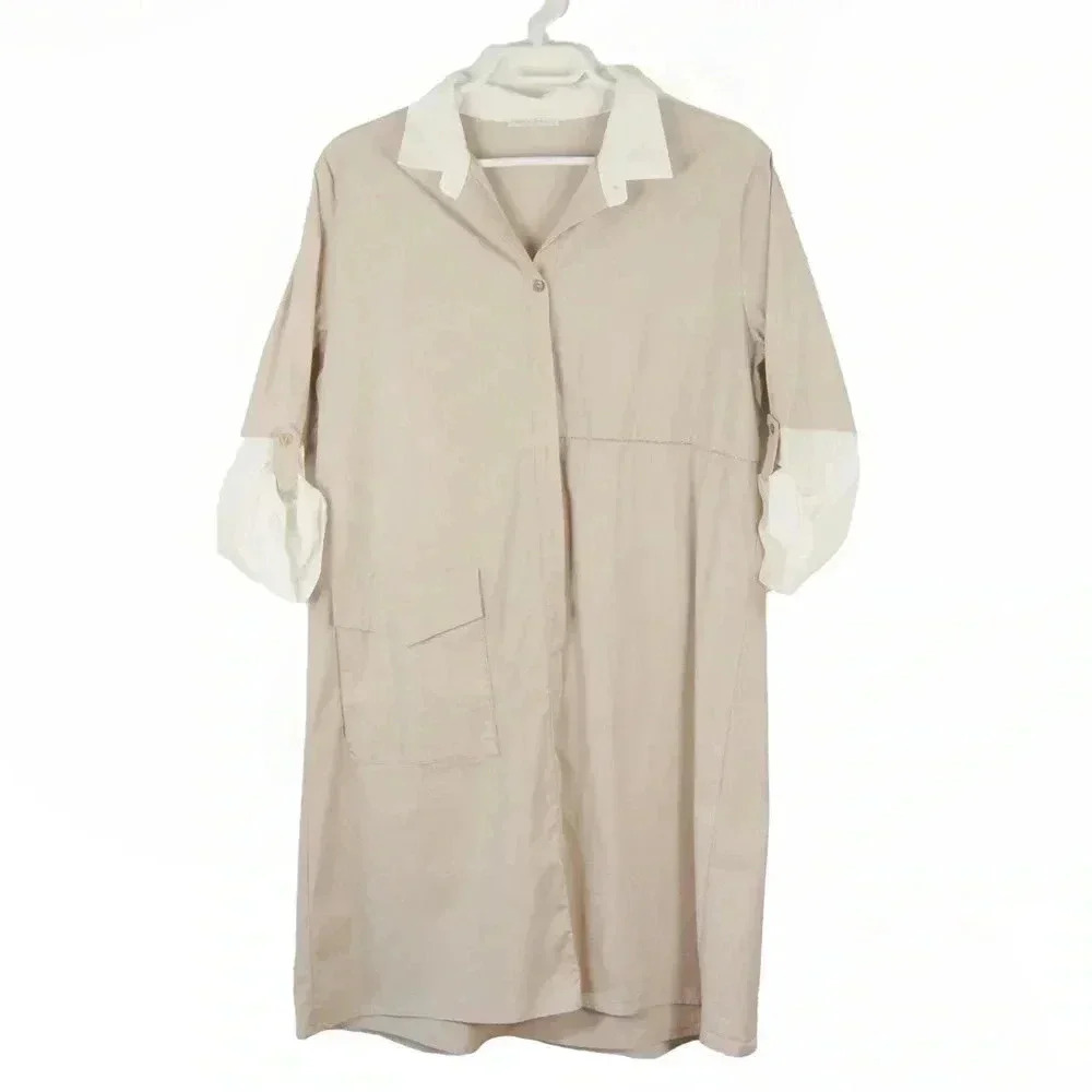 Hubert Gasser Bush Taupe Cream Short Sleeve Shirt Midi Dress - Picture 4 of 5